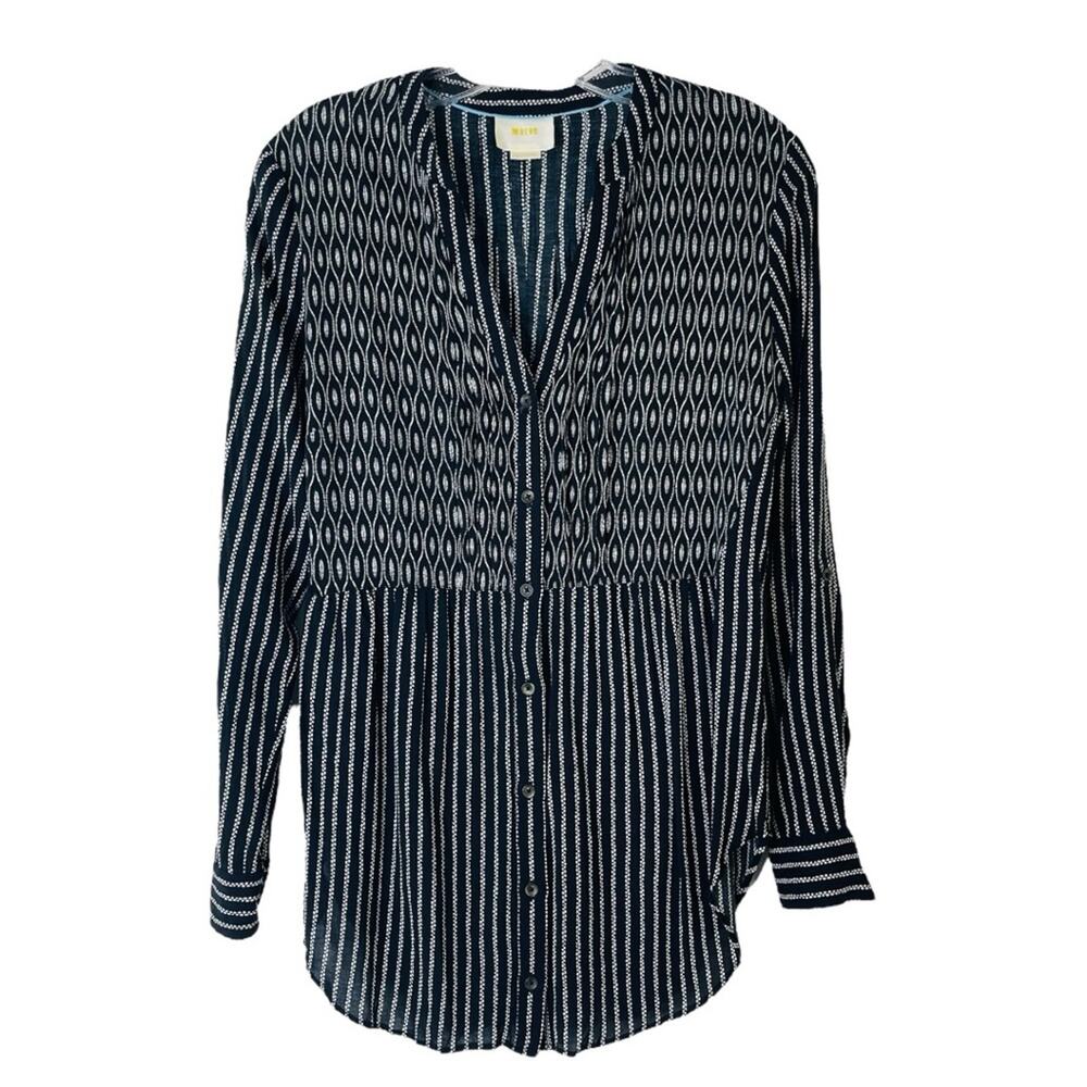 Maeve black white stripe button front preppy boho pleated top 4